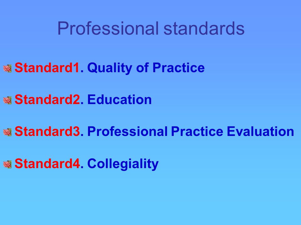 Professional standards Standard1. Quality of Practice Standard2.