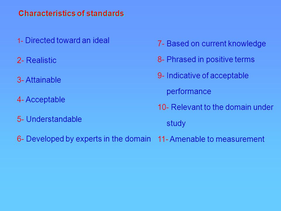 Characteristics of standards 1- Directed toward an ideal 2- Realistic 3- Attainable 4- Acceptable 5- Understandable 6- Developed by experts in the domain 7- Based on current knowledge 8- Phrased in positive terms 9- Indicative of acceptable performance 10- Relevant to the domain under study 11- Amenable to measurement