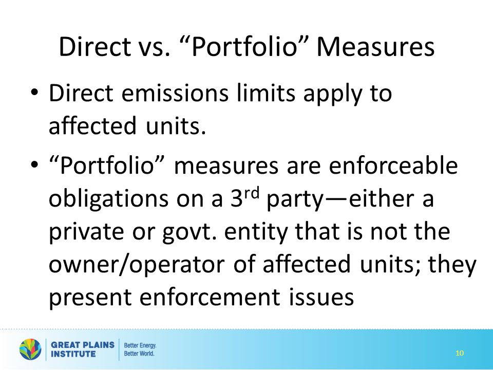 Direct vs. Portfolio Measures Direct emissions limits apply to affected units.