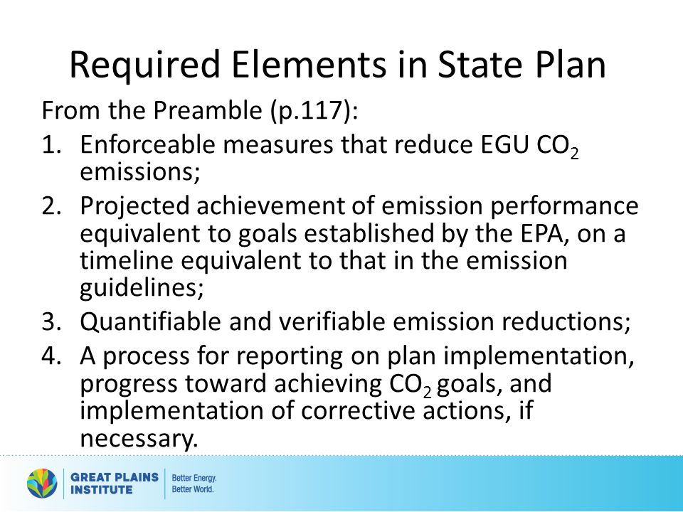 Required Elements in State Plan From the Preamble (p.117): 1.Enforceable measures that reduce EGU CO 2 emissions; 2.Projected achievement of emission performance equivalent to goals established by the EPA, on a timeline equivalent to that in the emission guidelines; 3.Quantifiable and verifiable emission reductions; 4.A process for reporting on plan implementation, progress toward achieving CO 2 goals, and implementation of corrective actions, if necessary.