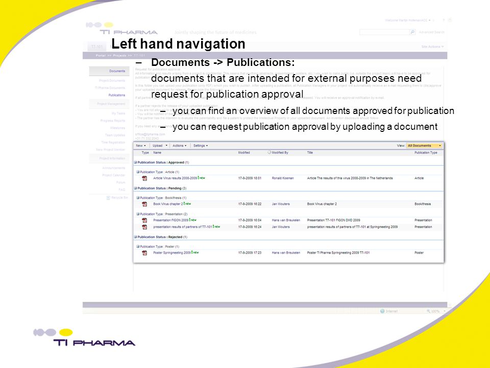 Left hand navigation –Documents -> Publications: documents that are intended for external purposes need request for publication approval –you can find an overview of all documents approved for publication –you can request publication approval by uploading a document