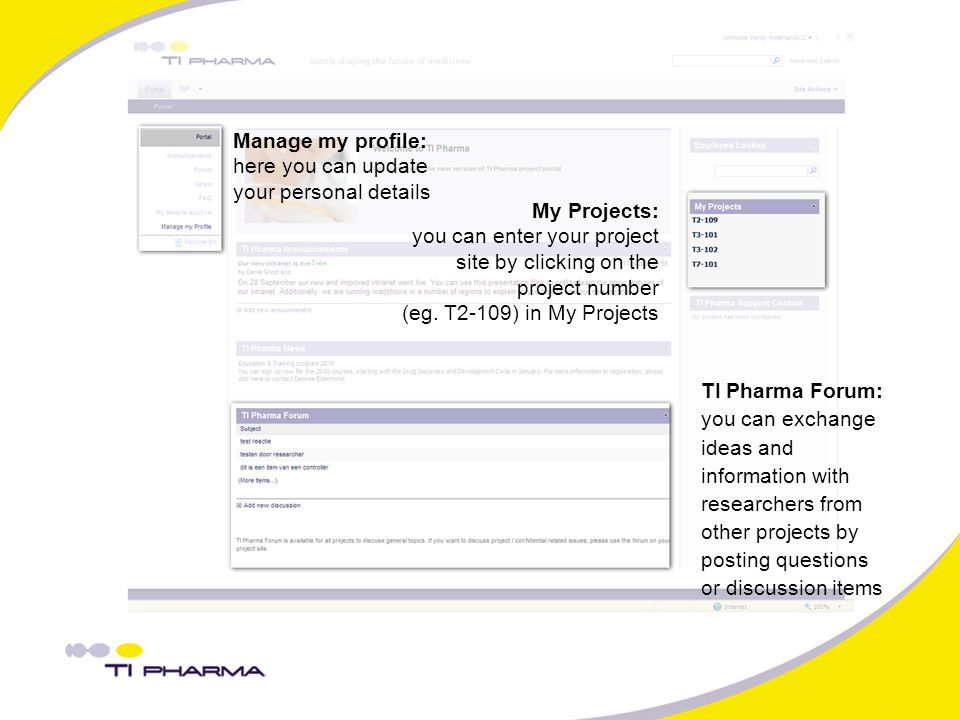 TI Pharma Forum: you can exchange ideas and information with researchers from other projects by posting questions or discussion items My Projects: you can enter your project site by clicking on the project number (eg.