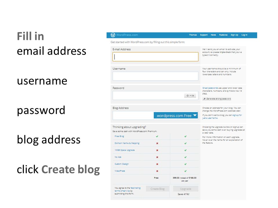 Fill in  address username password blog address click Create blog