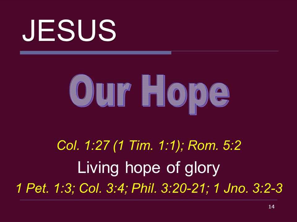 14 JESUS Col. 1:27 (1 Tim. 1:1); Rom. 5:2 Living hope of glory 1 Pet.
