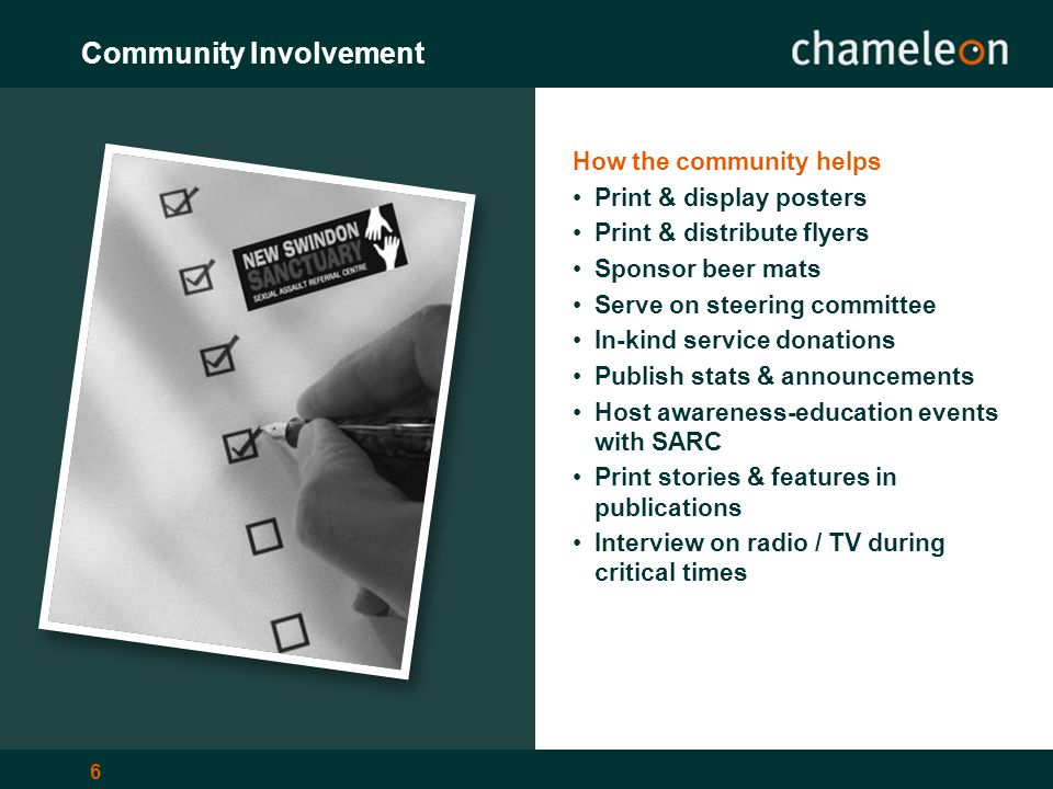 6 Community Involvement How the community helps Print & display posters Print & distribute flyers Sponsor beer mats Serve on steering committee In-kind service donations Publish stats & announcements Host awareness-education events with SARC Print stories & features in publications Interview on radio / TV during critical times