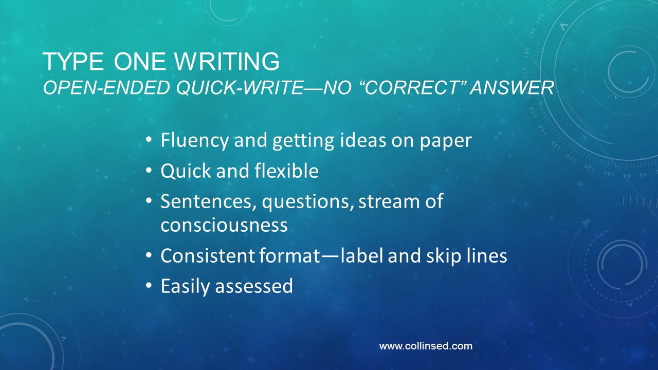 TYPE ONE WRITING OPEN-ENDED QUICK-WRITE—NO CORRECT ANSWER Fluency and getting ideas on paper Quick and flexible Sentences, questions, stream of consciousness Consistent format—label and skip lines Easily assessed