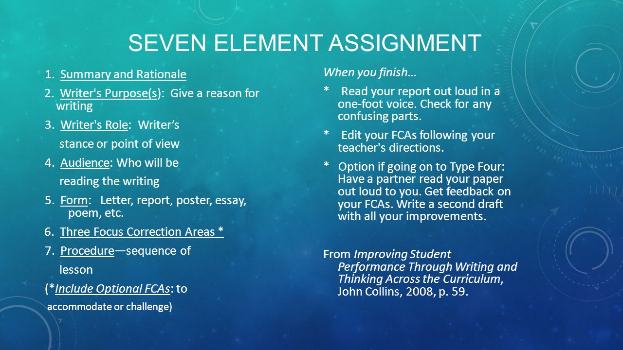 SEVEN ELEMENT ASSIGNMENT 1. Summary and Rationale 2.