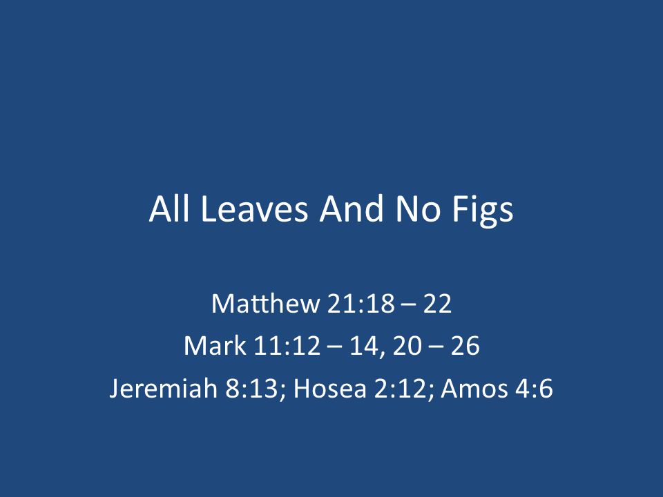 All Leaves And No Figs Matthew 21:18 – 22 Mark 11:12 – 14, 20 – 26 Jeremiah 8:13; Hosea 2:12; Amos 4:6