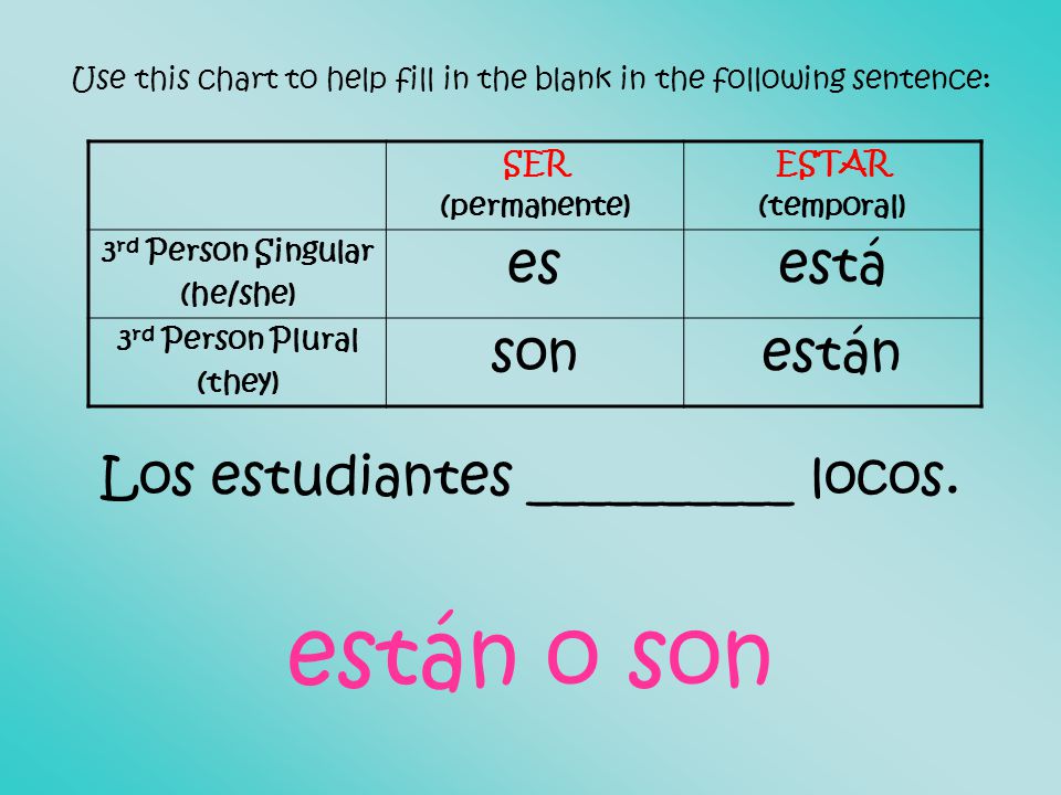 Use this chart to help fill in the blank in the following sentence: Los estudiantes __________ locos.