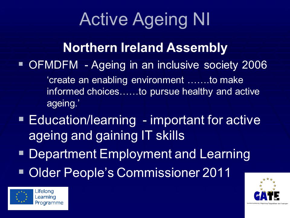 Active Ageing NI Northern Ireland Assembly   OFMDFM - Ageing in an inclusive society 2006 ‘create an enabling environment …….to make informed choices……to pursue healthy and active ageing.’   Education/learning - important for active ageing and gaining IT skills   Department Employment and Learning   Older People’s Commissioner 2011