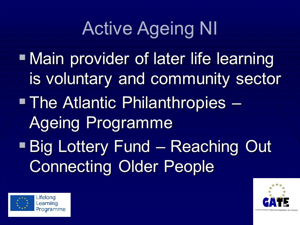 Active Ageing NI  Main provider of later life learning is voluntary and community sector  The Atlantic Philanthropies – Ageing Programme  Big Lottery Fund – Reaching Out Connecting Older People