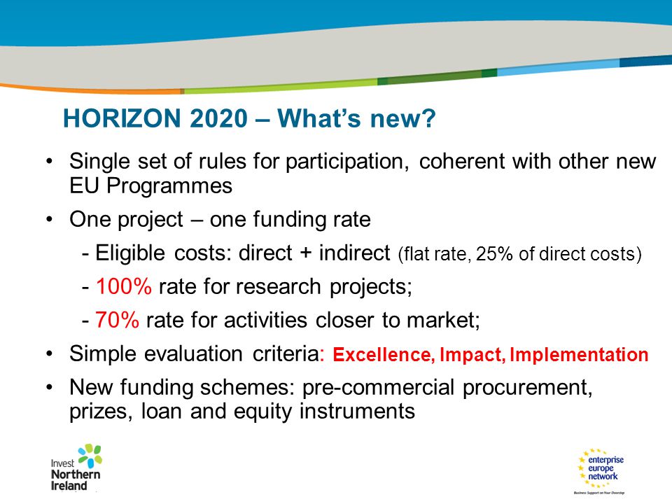 IRT Teams | Sept 08 | ‹#›Title of the presentation | Date |‹#› Single set of rules for participation, coherent with other new EU Programmes One project – one funding rate - Eligible costs: direct + indirect (flat rate, 25% of direct costs) - 100% rate for research projects; - 70% rate for activities closer to market; Simple evaluation criteria: Excellence, Impact, Implementation New funding schemes: pre-commercial procurement, prizes, loan and equity instruments HORIZON 2020 – What’s new