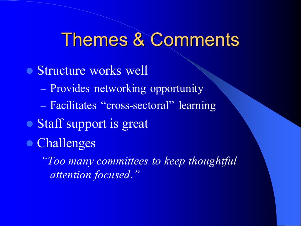 Themes & Comments Structure works well – Provides networking opportunity – Facilitates cross-sectoral learning Staff support is great Challenges Too many committees to keep thoughtful attention focused.