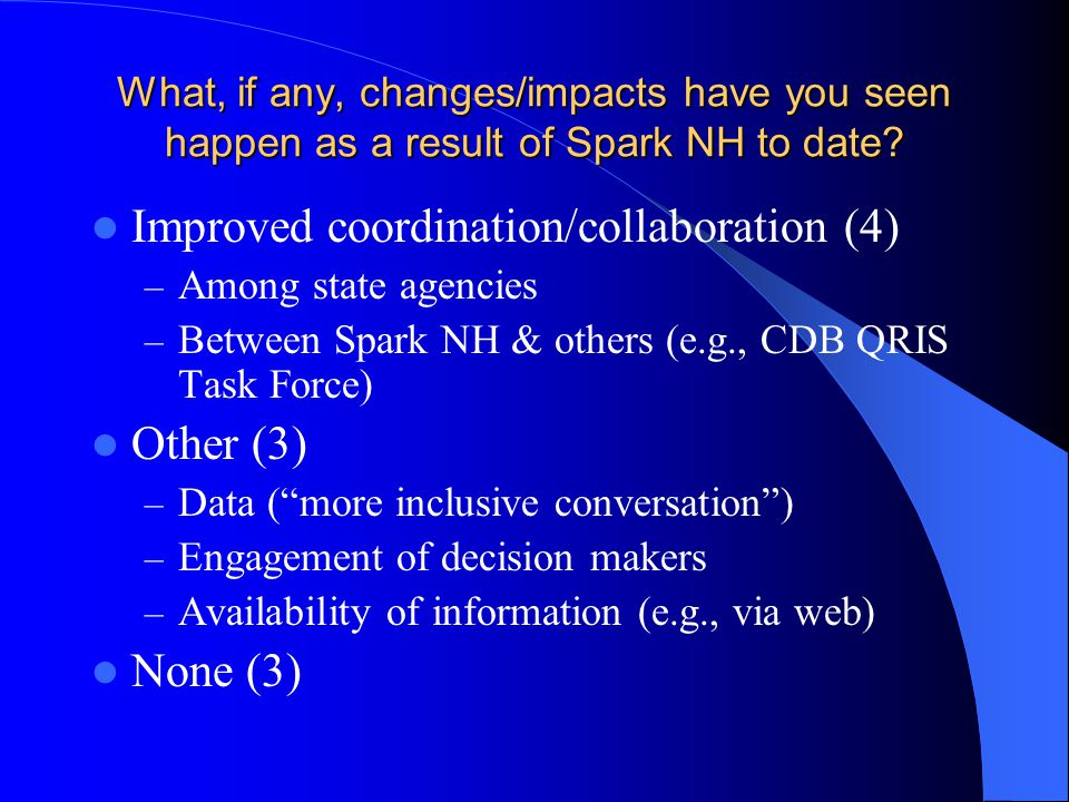 What, if any, changes/impacts have you seen happen as a result of Spark NH to date.