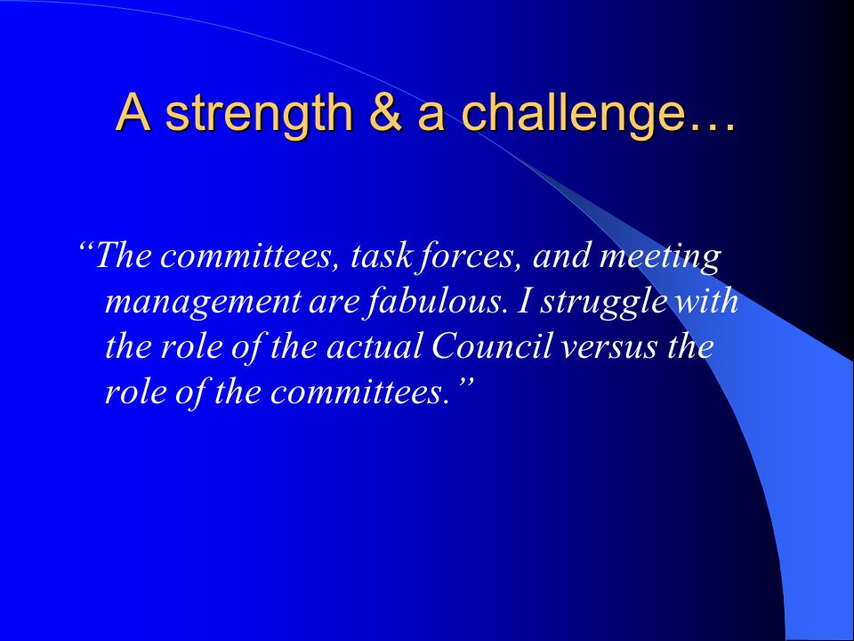 A strength & a challenge… The committees, task forces, and meeting management are fabulous.