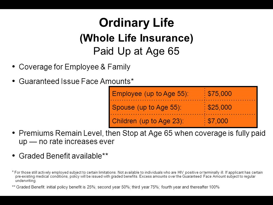 Ordinary Life (Whole Life Insurance) Paid Up at Age 65 Coverage for Employee & Family Guaranteed Issue Face Amounts* Premiums Remain Level, then Stop at Age 65 when coverage is fully paid up — no rate increases ever Graded Benefit available** Employee (up to Age 55):$75,000 Spouse (up to Age 55):$25,000 Children (up to Age 23):$7,000 * For those still actively employed subject to certain limitations.