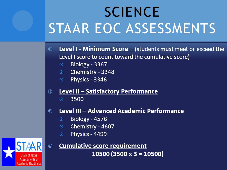 SCIENCE STAAR EOC ASSESSMENTS  Level I - Minimum Score – (students must meet or exceed the Level I score to count toward the cumulative score)  Biology  Chemistry  Physics  Level II – Satisfactory Performance  3500  Level III – Advanced Academic Performance  Biology  Chemistry  Physics  Cumulative score requirement (3500 x 3 = 10500)