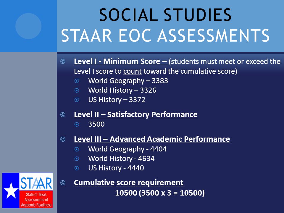 SOCIAL STUDIES STAAR EOC ASSESSMENTS  Level I - Minimum Score – (students must meet or exceed the Level I score to count toward the cumulative score)  World Geography – 3383  World History – 3326  US History – 3372  Level II – Satisfactory Performance  3500  Level III – Advanced Academic Performance  World Geography  World History  US History  Cumulative score requirement (3500 x 3 = 10500)