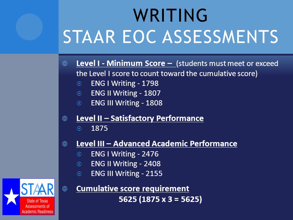 WRITING STAAR EOC ASSESSMENTS  Level I - Minimum Score – (students must meet or exceed the Level I score to count toward the cumulative score)  ENG I Writing  ENG II Writing  ENG III Writing  Level II – Satisfactory Performance  1875  Level III – Advanced Academic Performance  ENG I Writing  ENG II Writing  ENG III Writing  Cumulative score requirement 5625 (1875 x 3 = 5625)