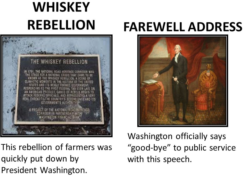 WHISKEY REBELLION FAREWELL ADDRESS This rebellion of farmers was quickly put down by President Washington.