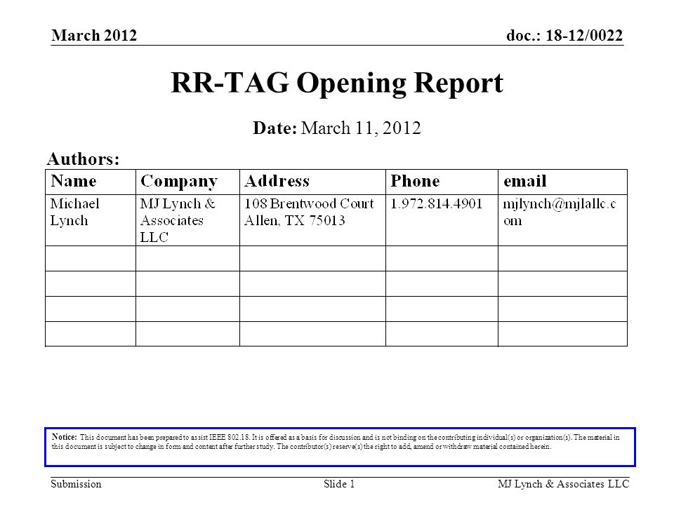 doc.: 18-12/0022 Submission March 2012 MJ Lynch & Associates LLCSlide 1 RR-TAG Opening Report Notice: This document has been prepared to assist IEEE