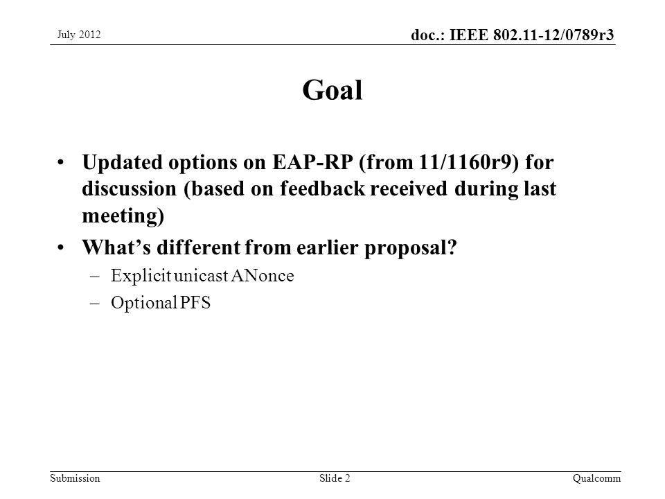 Submission doc.: IEEE /0789r3 Goal Updated options on EAP-RP (from 11/1160r9) for discussion (based on feedback received during last meeting) What’s different from earlier proposal.
