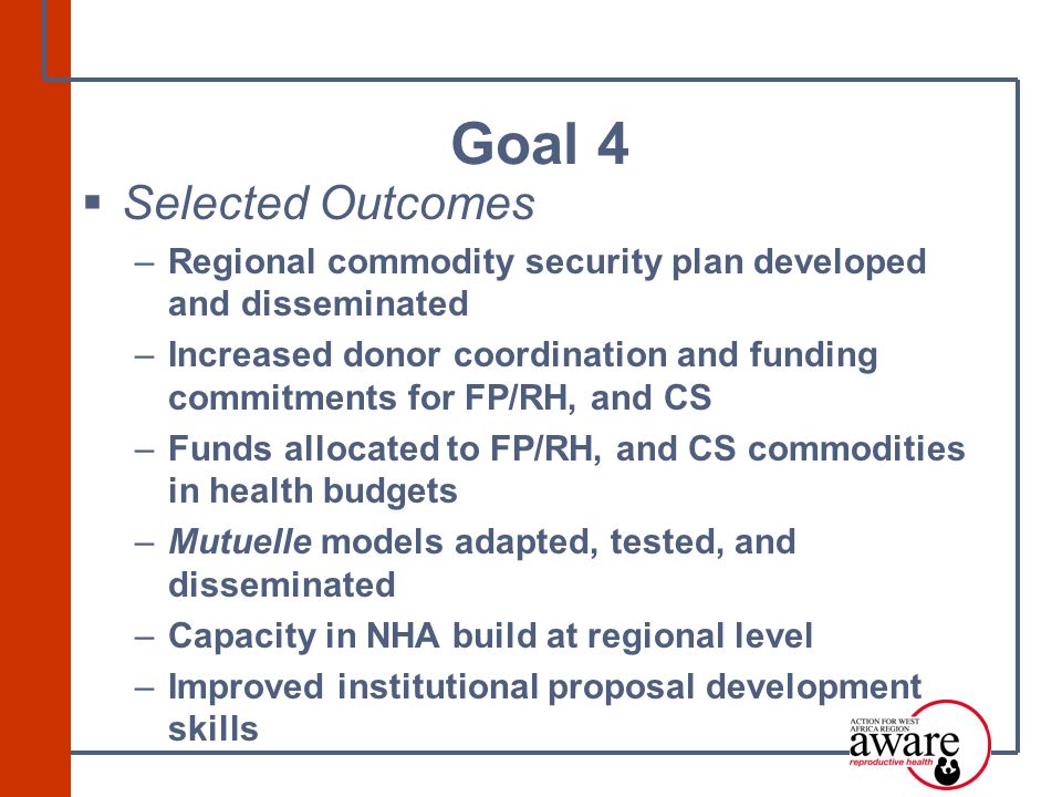  Selected Outcomes –Regional commodity security plan developed and disseminated –Increased donor coordination and funding commitments for FP/RH, and CS –Funds allocated to FP/RH, and CS commodities in health budgets –Mutuelle models adapted, tested, and disseminated –Capacity in NHA build at regional level –Improved institutional proposal development skills Goal 4