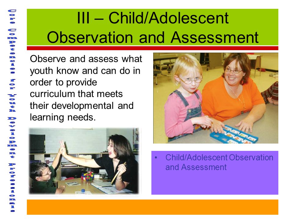 III – Child/Adolescent Observation and Assessment Child/Adolescent Observation and Assessment Observe and assess what youth know and can do in order to provide curriculum that meets their developmental and learning needs.