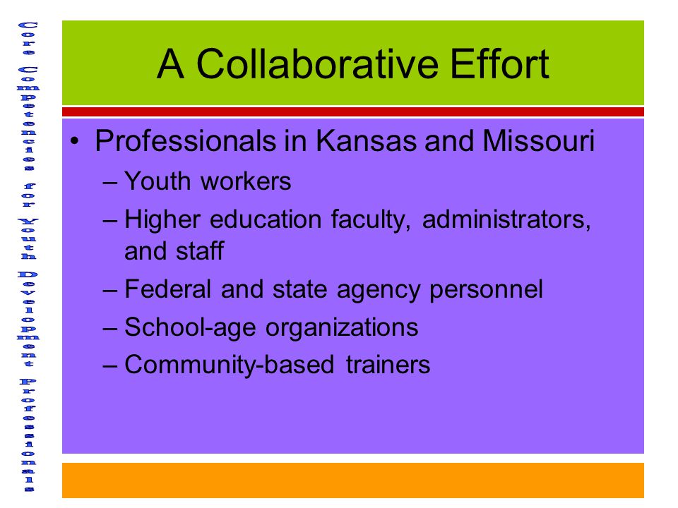 A Collaborative Effort Professionals in Kansas and Missouri –Youth workers –Higher education faculty, administrators, and staff –Federal and state agency personnel –School-age organizations –Community-based trainers