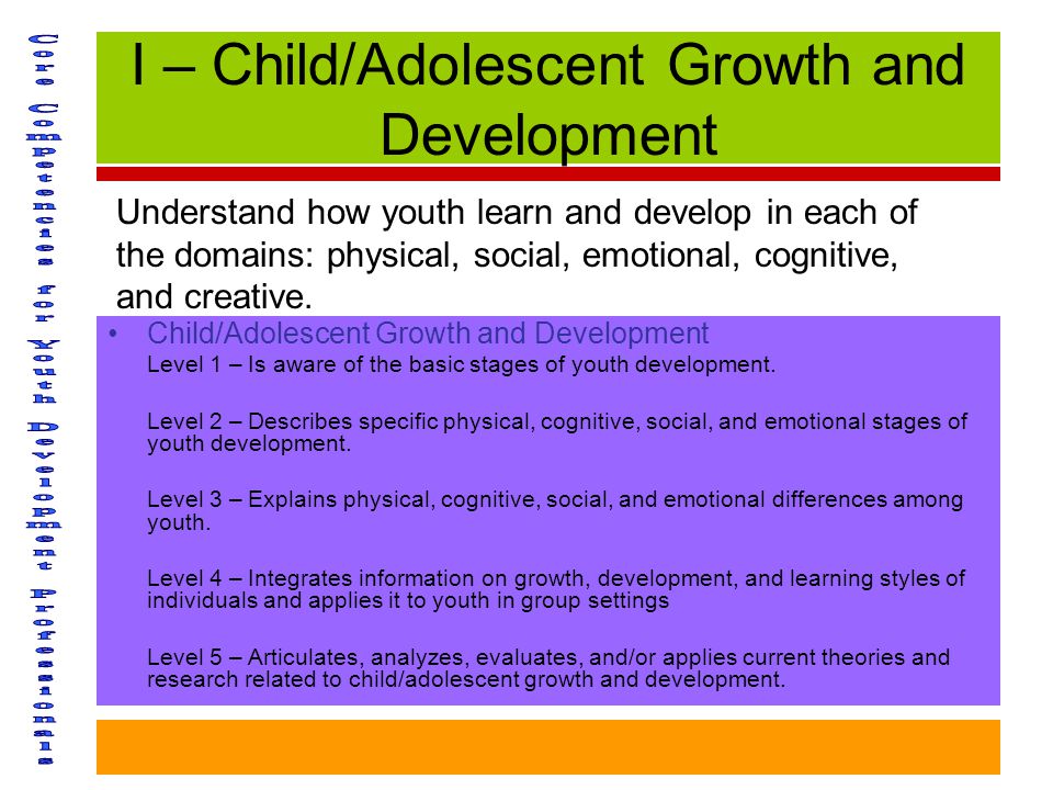 I – Child/Adolescent Growth and Development Child/Adolescent Growth and Development Level 1 – Is aware of the basic stages of youth development.