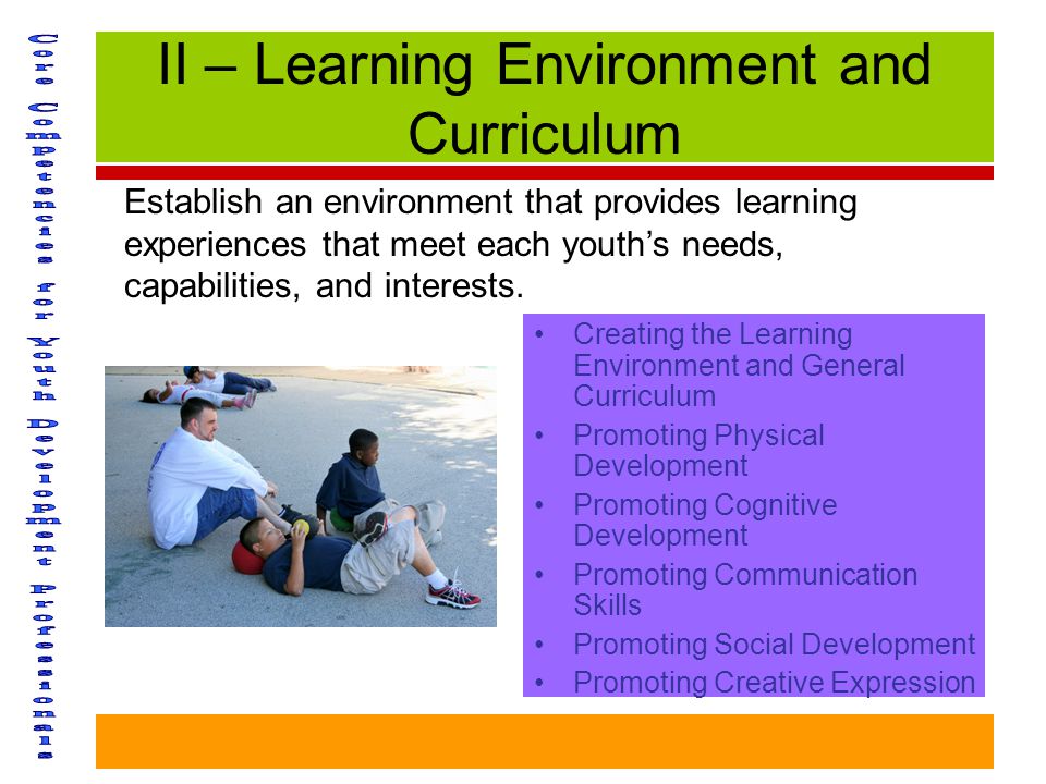 II – Learning Environment and Curriculum Creating the Learning Environment and General Curriculum Promoting Physical Development Promoting Cognitive Development Promoting Communication Skills Promoting Social Development Promoting Creative Expression Establish an environment that provides learning experiences that meet each youth’s needs, capabilities, and interests.