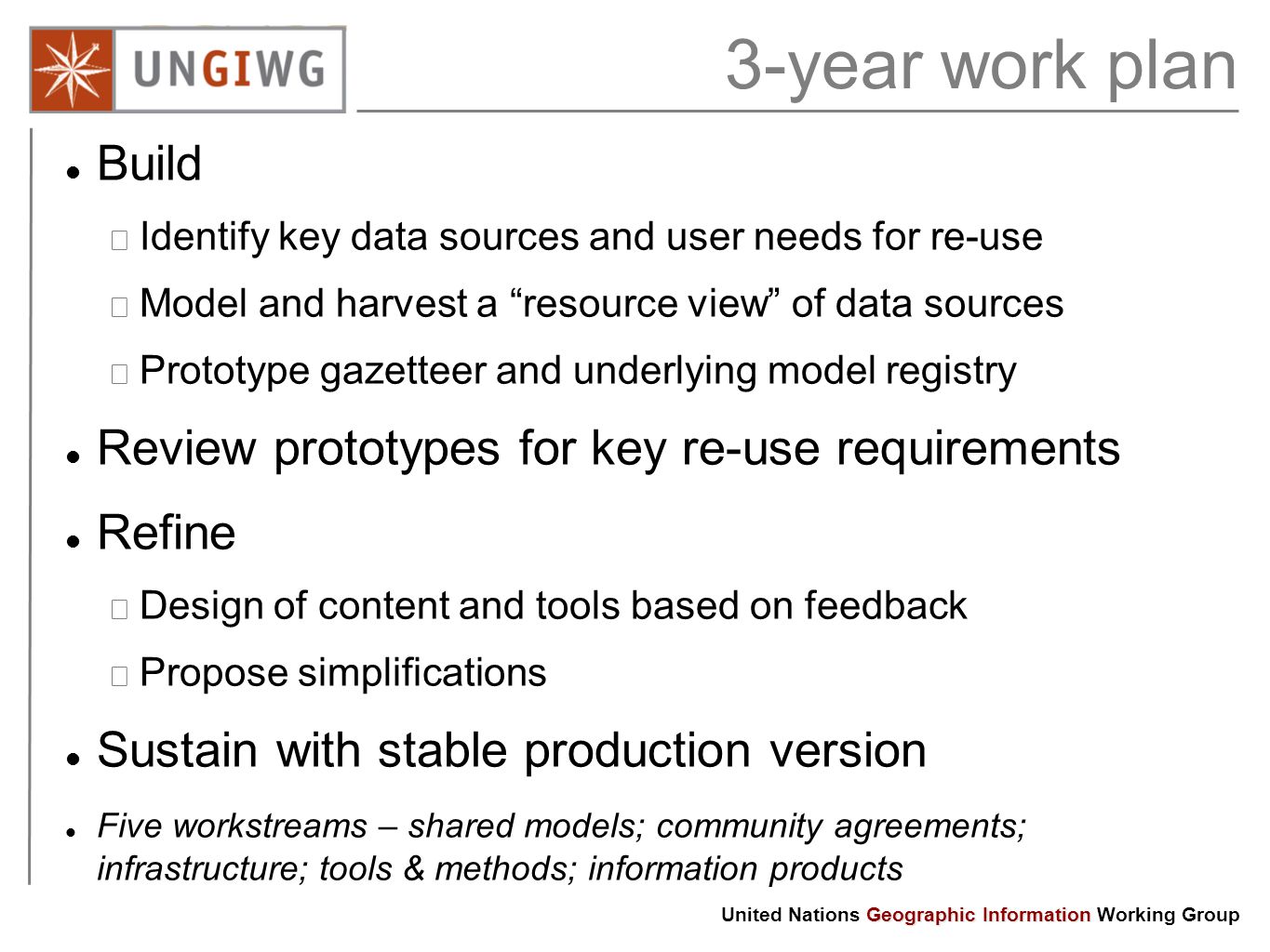 3-year work plan Build − Identify key data sources and user needs for re-use − Model and harvest a resource view of data sources − Prototype gazetteer and underlying model registry Review prototypes for key re-use requirements Refine − Design of content and tools based on feedback − Propose simplifications Sustain with stable production version Five workstreams – shared models; community agreements; infrastructure; tools & methods; information products Geographic Information United Nations Geographic Information Working Group