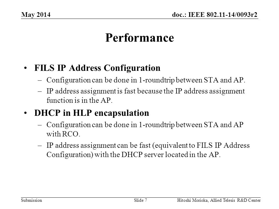 doc.: IEEE /0093r2 Submission Performance FILS IP Address Configuration –Configuration can be done in 1-roundtrip between STA and AP.