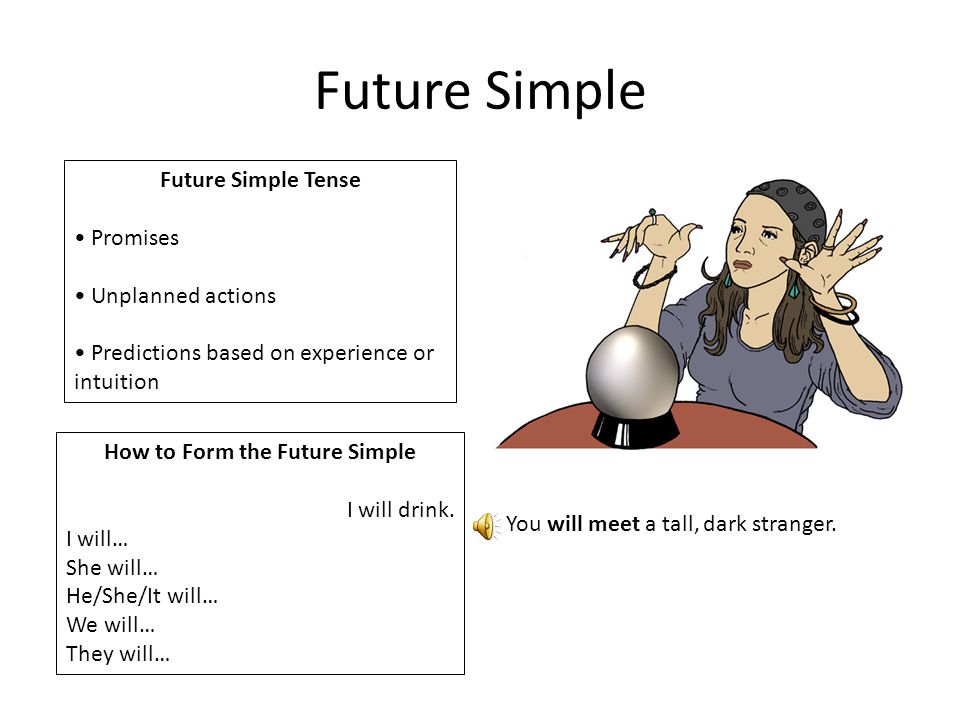 Future Simple Future Simple Tense Promises Unplanned actions Predictions based on experience or intuition How to Form the Future Simple I will drink.