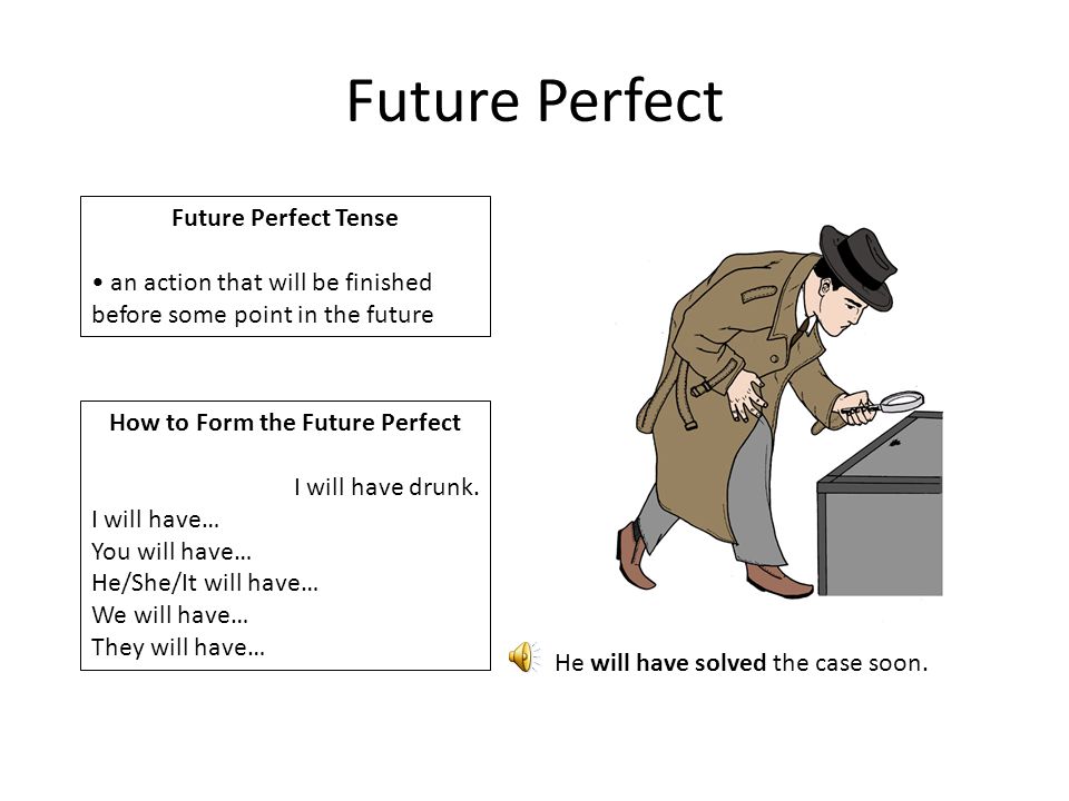 Future Perfect Future Perfect Tense an action that will be finished before some point in the future How to Form the Future Perfect I will have drunk.