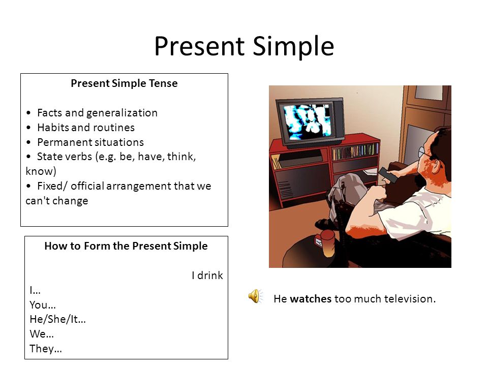 Present Simple Present Simple Tense Facts and generalization Habits and routines Permanent situations State verbs (e.g.