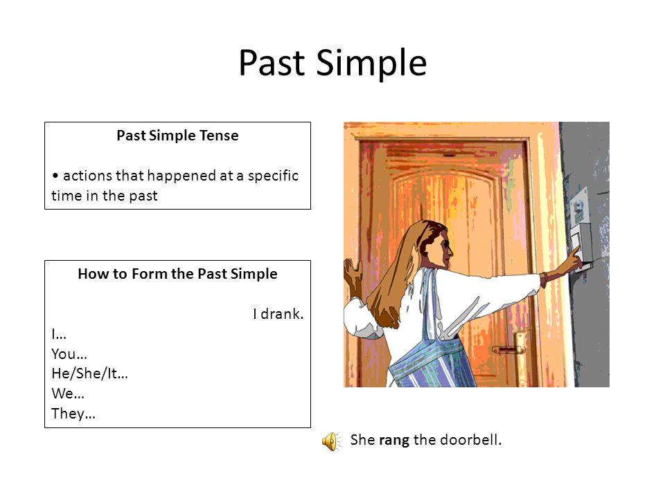 Past Simple Past Simple Tense actions that happened at a specific time in the past How to Form the Past Simple I drank.