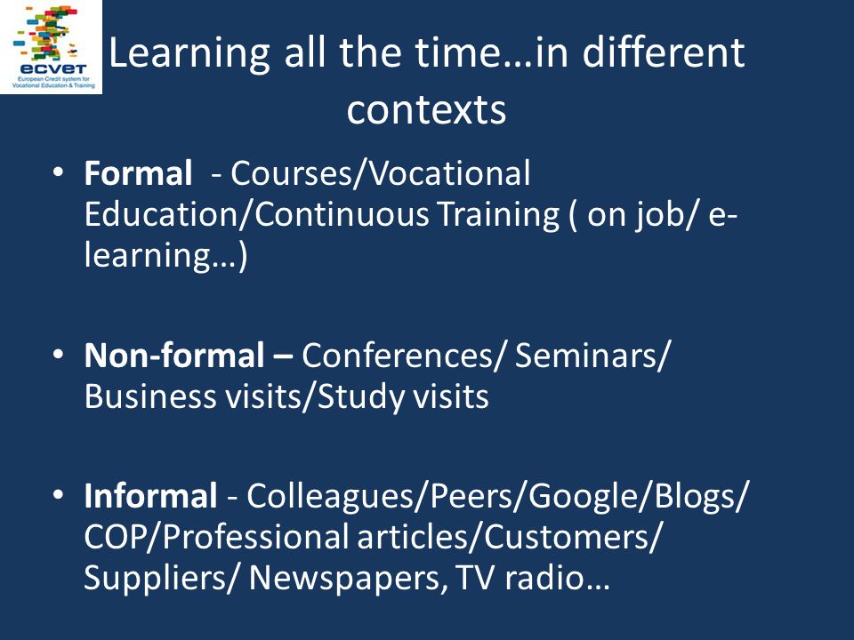 Learning all the time…in different contexts Formal - Courses/Vocational Education/Continuous Training ( on job/ e- learning…) Non-formal – Conferences/ Seminars/ Business visits/Study visits Informal - Colleagues/Peers/Google/Blogs/ COP/Professional articles/Customers/ Suppliers/ Newspapers, TV radio…