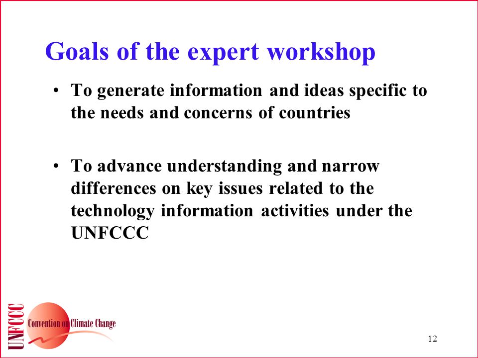 12 Goals of the expert workshop To generate information and ideas specific to the needs and concerns of countries To advance understanding and narrow differences on key issues related to the technology information activities under the UNFCCC