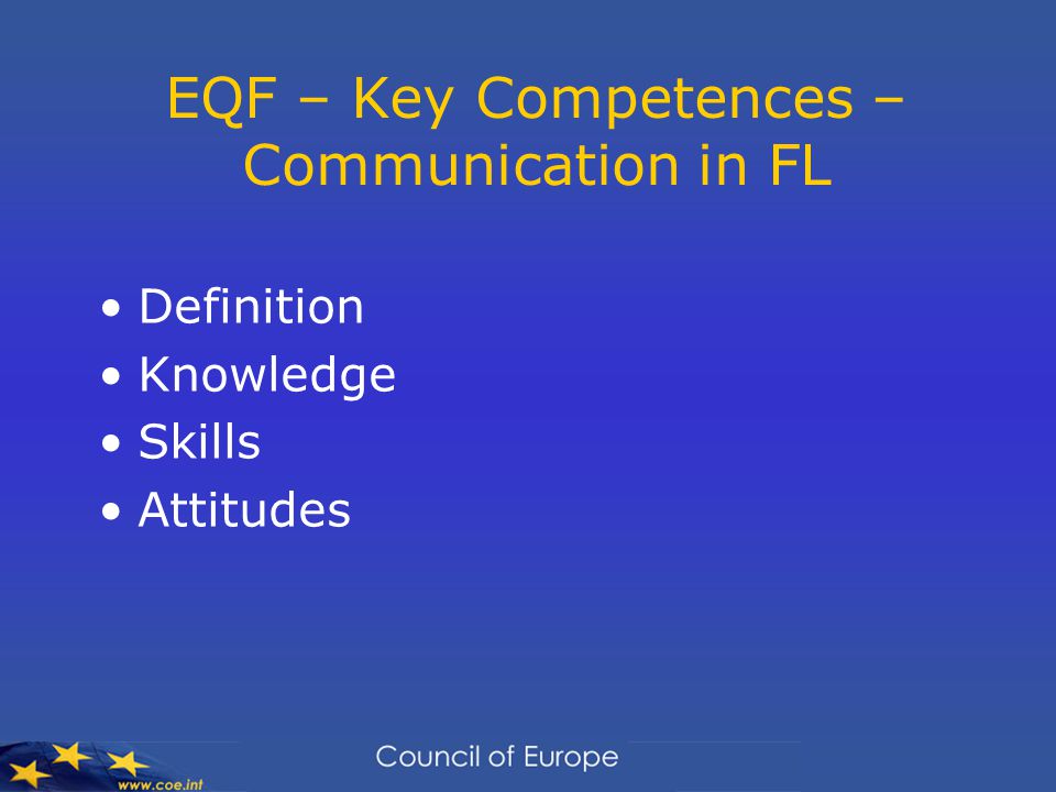 EQF – Key Competences – Communication in FL Definition Knowledge Skills Attitudes