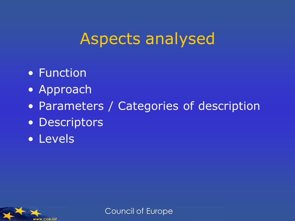 Aspects analysed Function Approach Parameters / Categories of description Descriptors Levels
