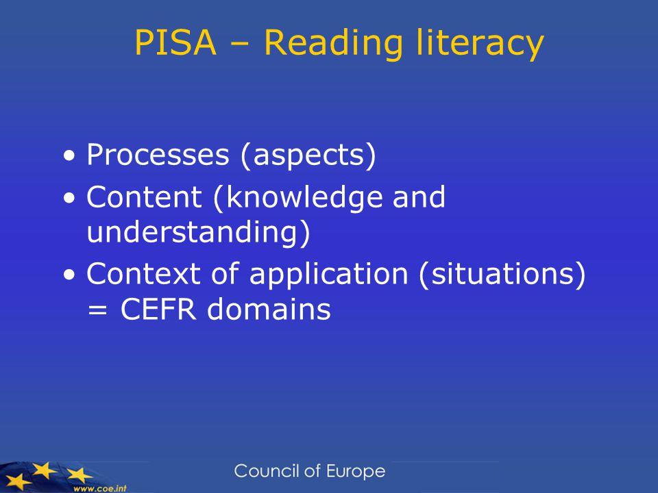 PISA – Reading literacy Processes (aspects) Content (knowledge and understanding) Context of application (situations) = CEFR domains