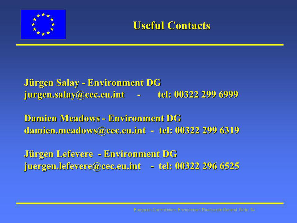 European Commission: Environment Directorate General Slide: 14 Useful Contacts Jürgen Salay - Environment DG - tel: Damien Meadows - Environment DG - tel: Jürgen Lefevere - Environment DG - tel: