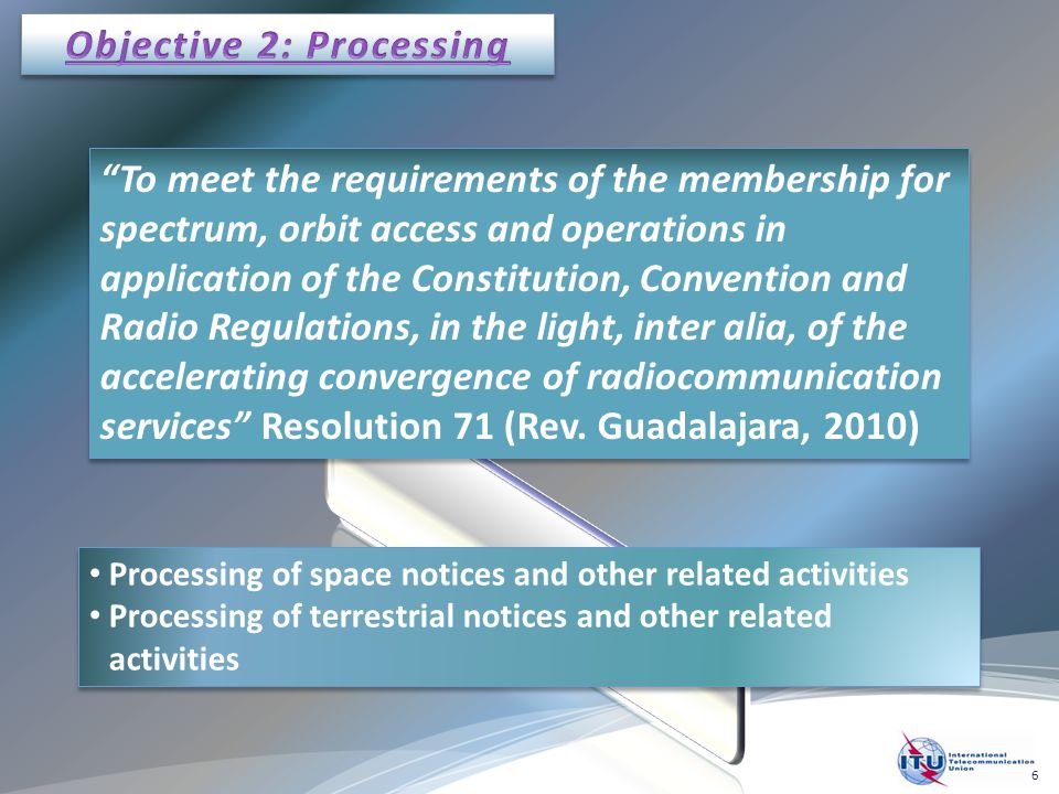 To meet the requirements of the membership for spectrum, orbit access and operations in application of the Constitution, Convention and Radio Regulations, in the light, inter alia, of the accelerating convergence of radiocommunication services Resolution 71 (Rev.