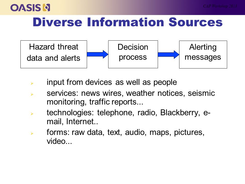 Diverse Information Sources  input from devices as well as people  services: news wires, weather notices, seismic monitoring, traffic reports...