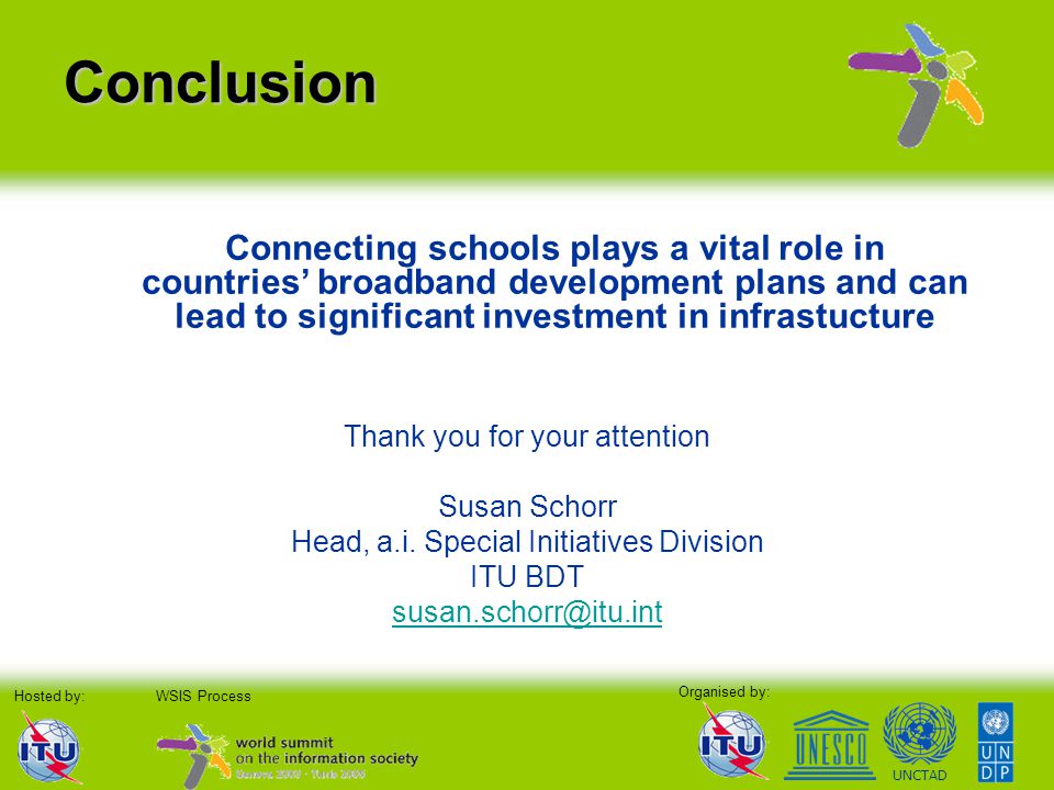 Organised by: Hosted by:WSIS Process UNCTAD Conclusion Thank you for your attention Susan Schorr Head, a.i.