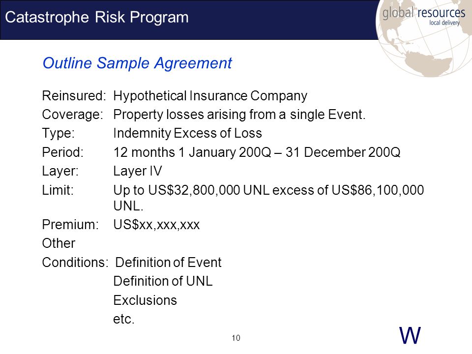 W 10 Catastrophe Risk Program Outline Sample Agreement Reinsured:Hypothetical Insurance Company Coverage:Property losses arising from a single Event.