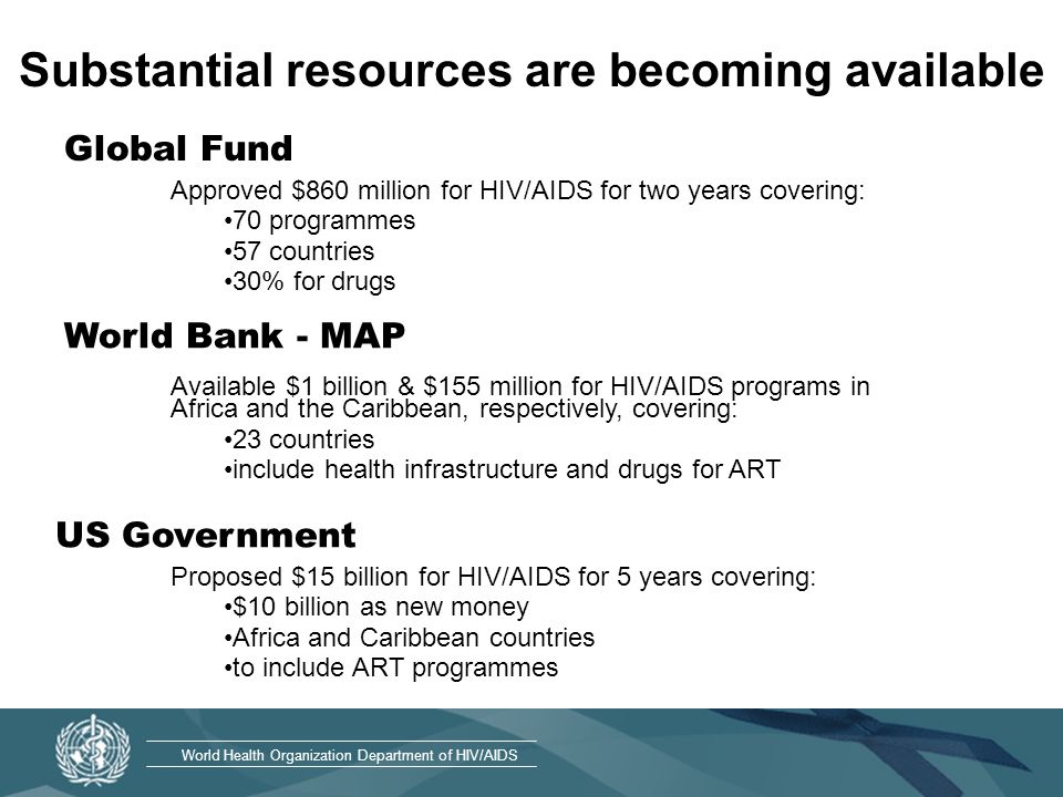 World Health Organization Department of HIV/AIDS Substantial resources are becoming available Approved $860 million for HIV/AIDS for two years covering: 70 programmes 57 countries 30% for drugs Available $1 billion & $155 million for HIV/AIDS programs in Africa and the Caribbean, respectively, covering: 23 countries include health infrastructure and drugs for ART Proposed $15 billion for HIV/AIDS for 5 years covering: $10 billion as new money Africa and Caribbean countries to include ART programmes Global Fund World Bank - MAP US Government