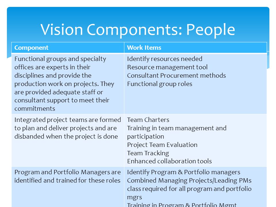 Vision Components: People ComponentWork Items Functional groups and specialty offices are experts in their disciplines and provide the production work on projects.