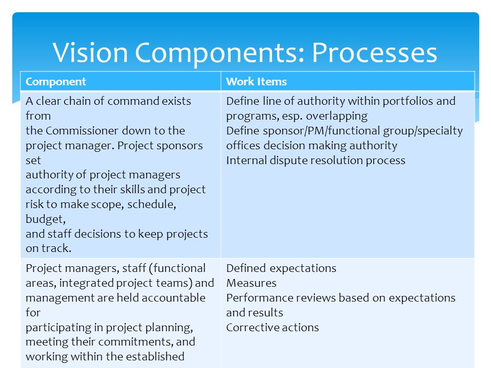 Vision Components: Processes ComponentWork Items A clear chain of command exists from the Commissioner down to the project manager.